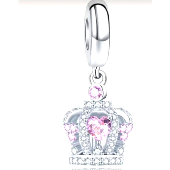 Elegant .925 Silver Plated Crown Charm Pendant with Pink Accents - Picture 5 of 5